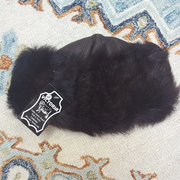 Brown Sheepskin Shearling Fur Winter Hat Leather Bucket Cossack - Picture 3 of 6